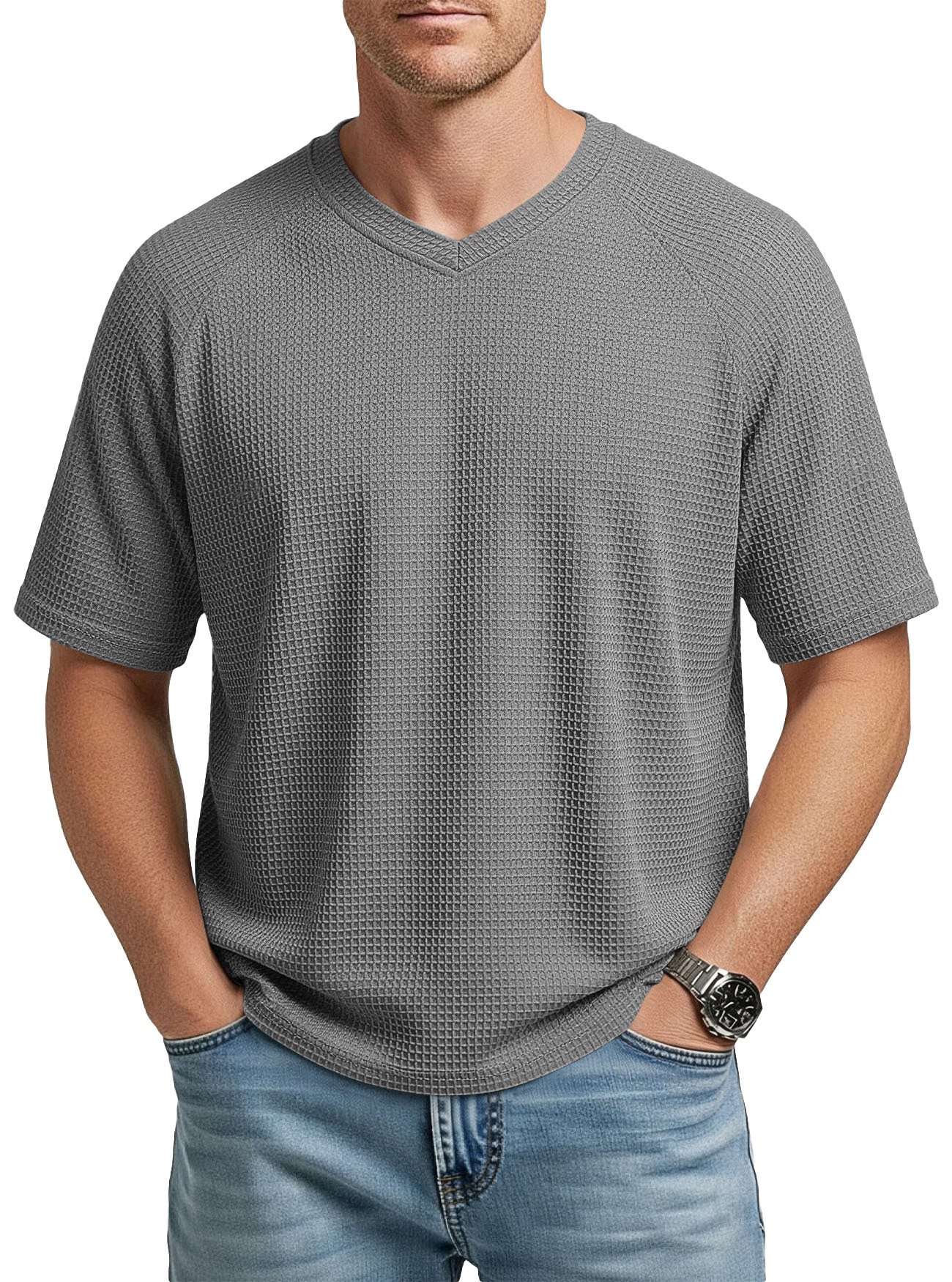 S-3XL Waffled Knit Short Sleeve V-Neck Tee