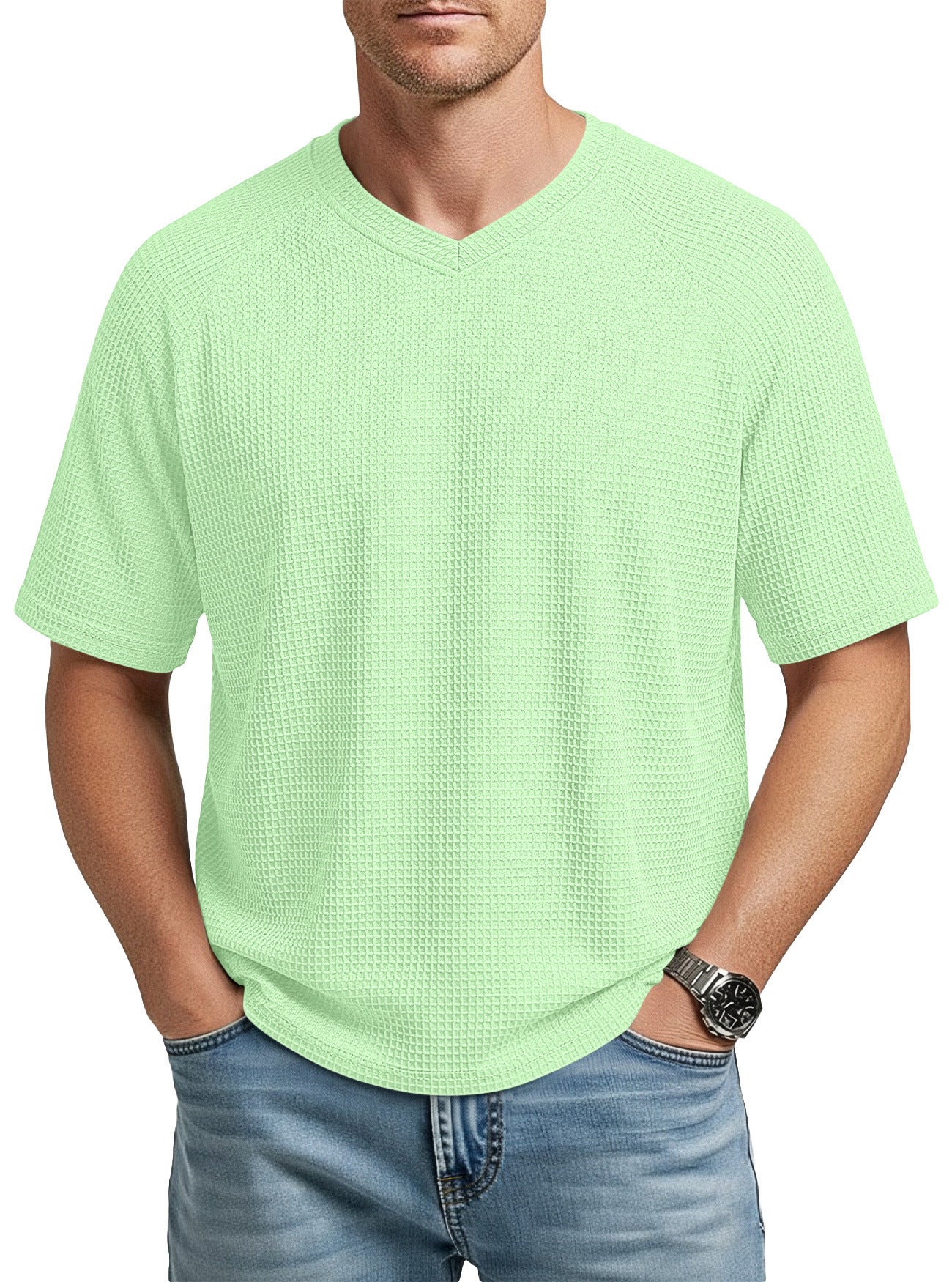 S-3XL Waffled Knit Short Sleeve V-Neck Tee