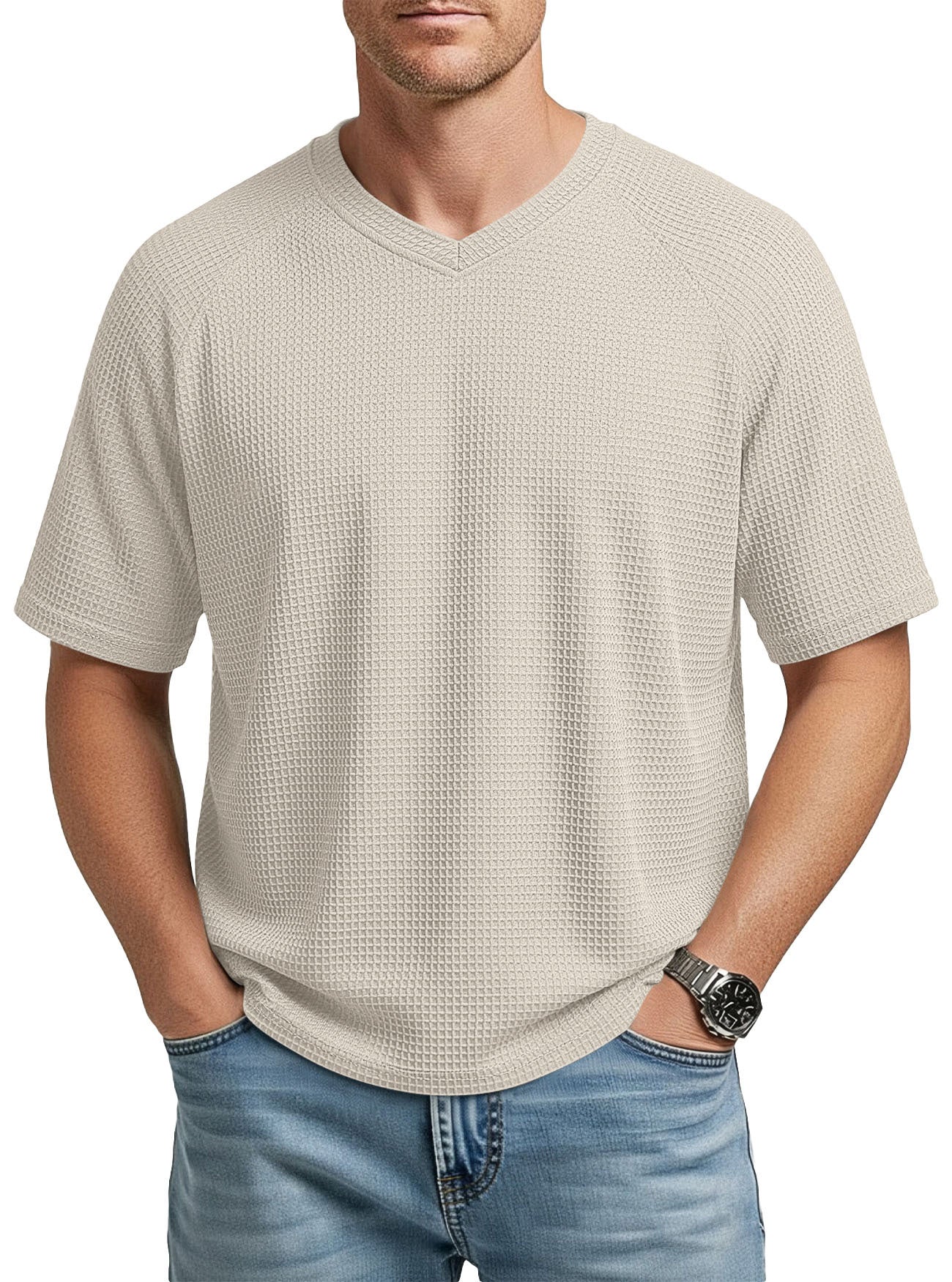 S-3XL Waffled Knit Short Sleeve V-Neck Tee