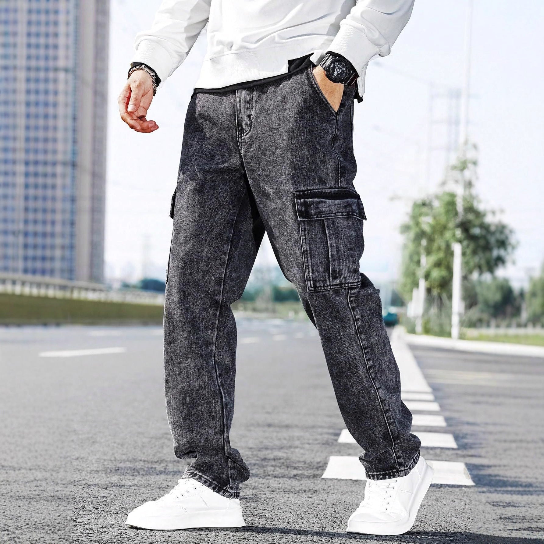S-4XL Loose Multi-Pocket Casual Denim Trousers