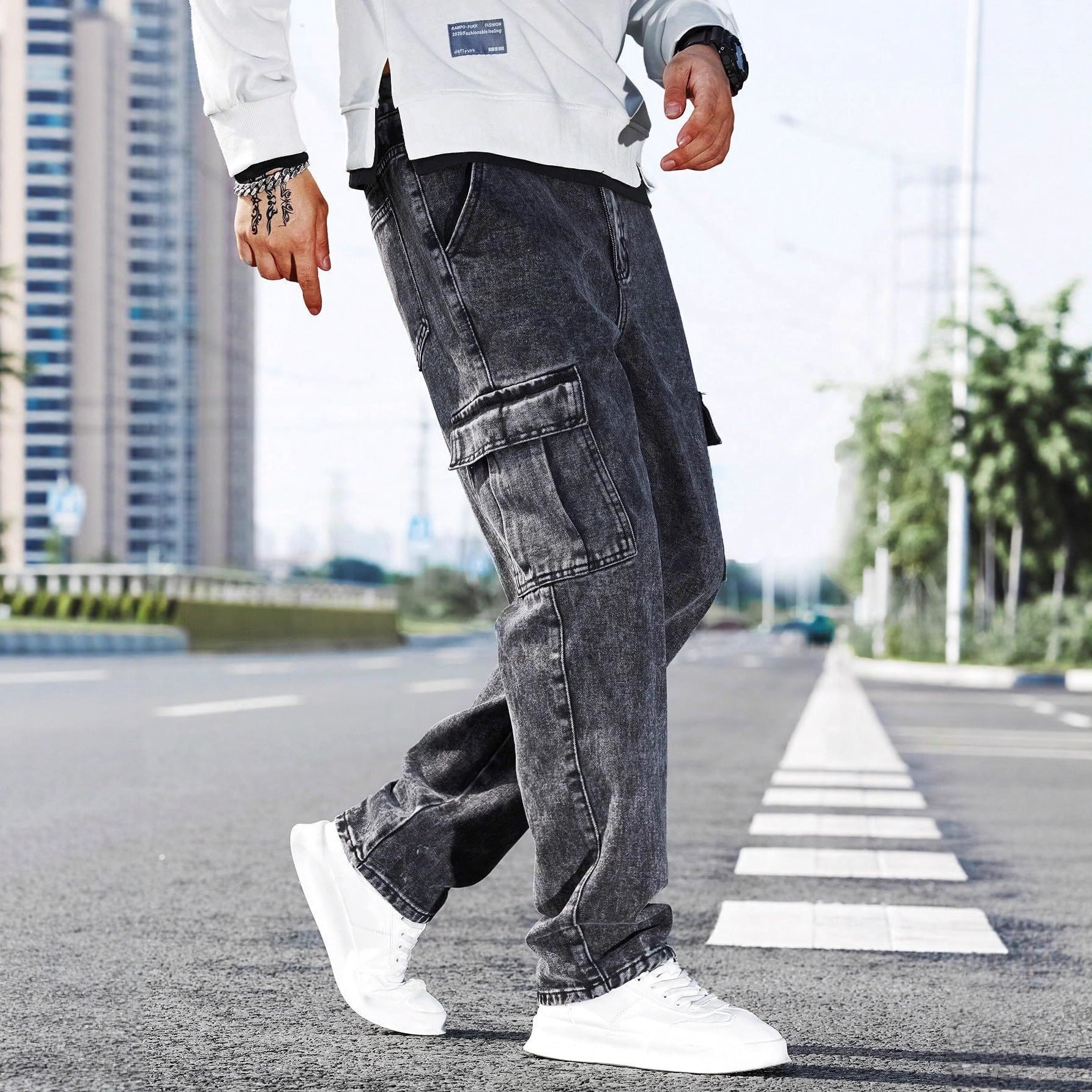S-4XL Loose Multi-Pocket Casual Denim Trousers