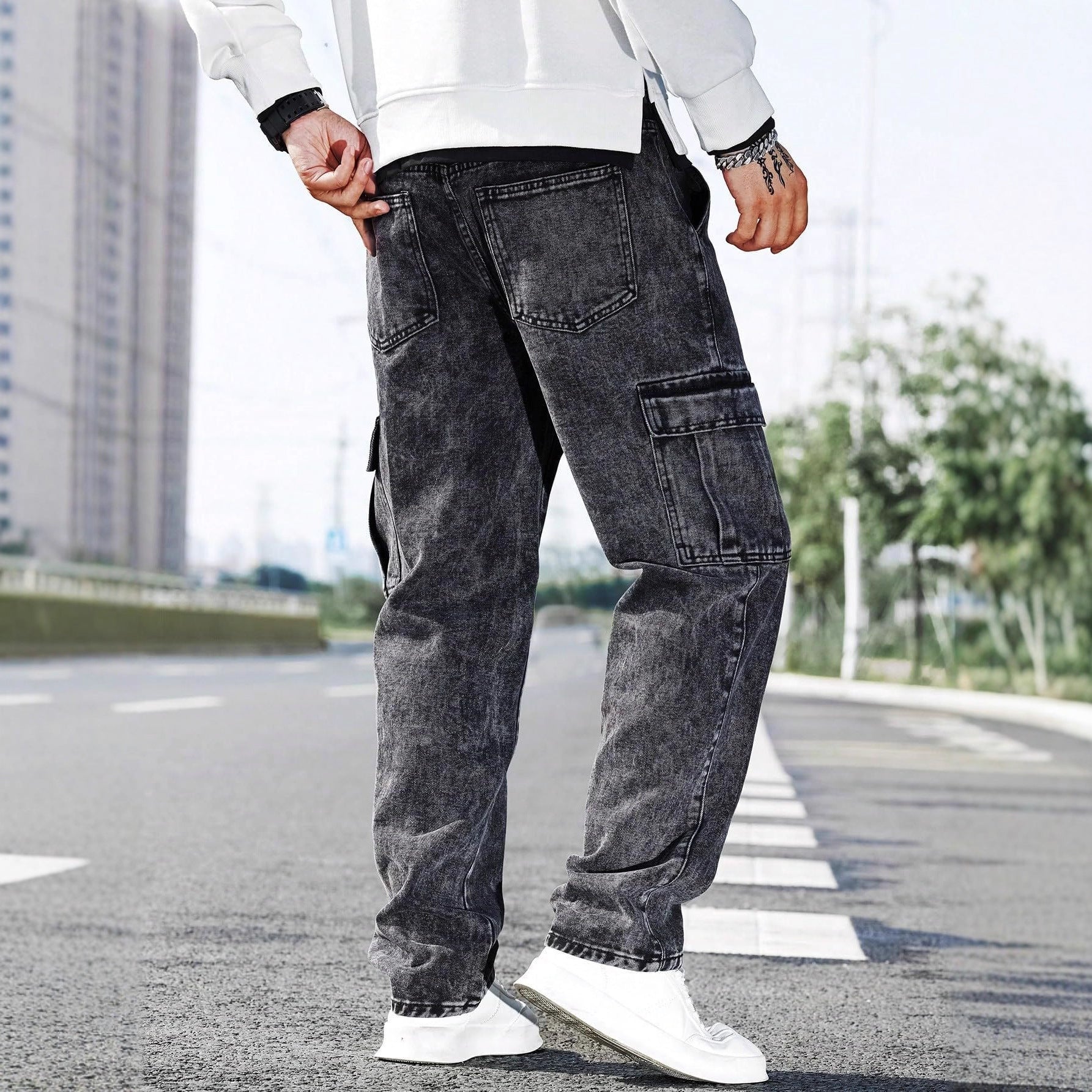 S-4XL Loose Multi-Pocket Casual Denim Trousers