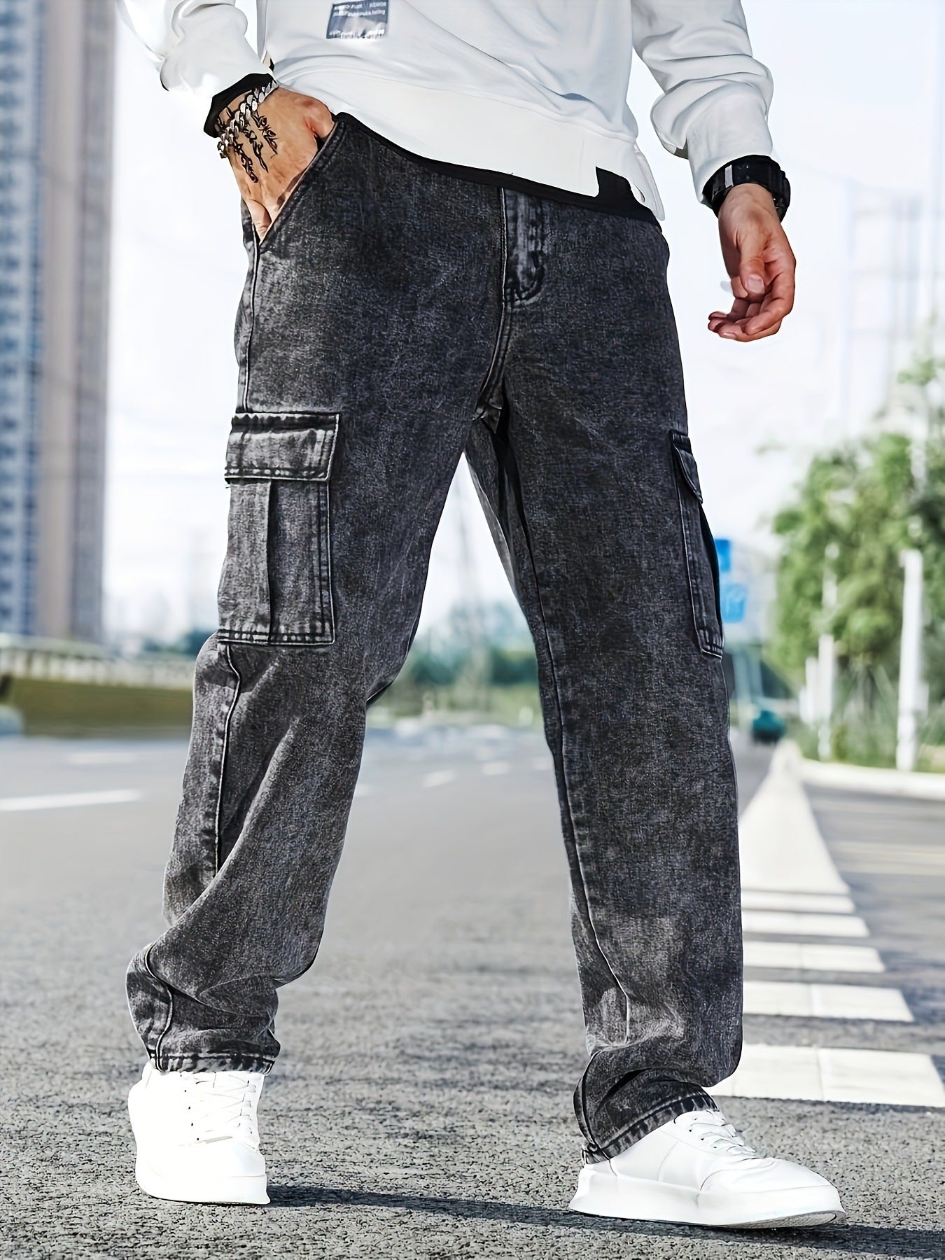 S-4XL Loose Multi-Pocket Casual Denim Trousers