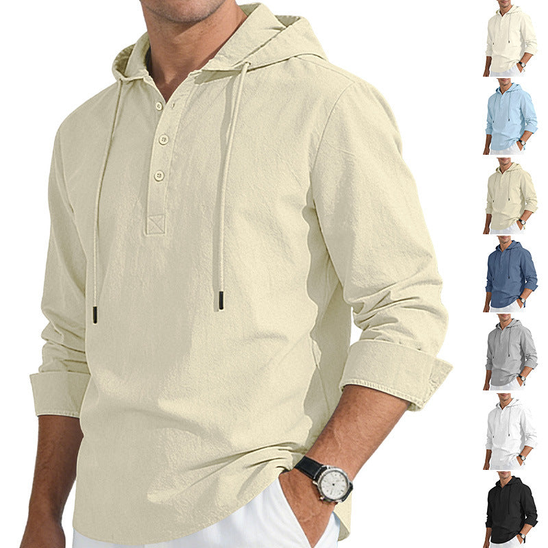 S-3XL Men's Hooded Buckle Long Sleeve Cotton Linen Shirt