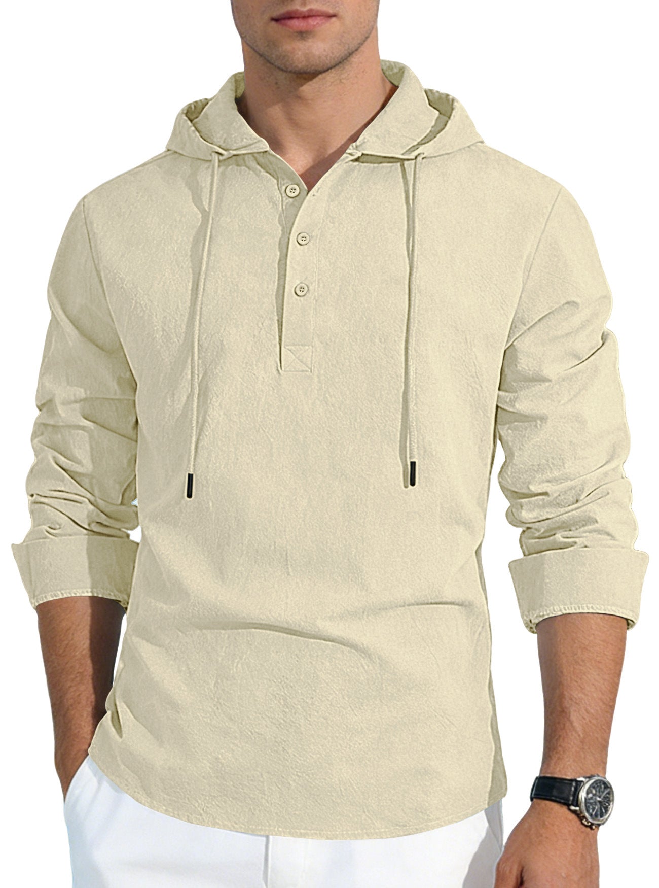 S-3XL Men's Hooded Buckle Long Sleeve Cotton Linen Shirt
