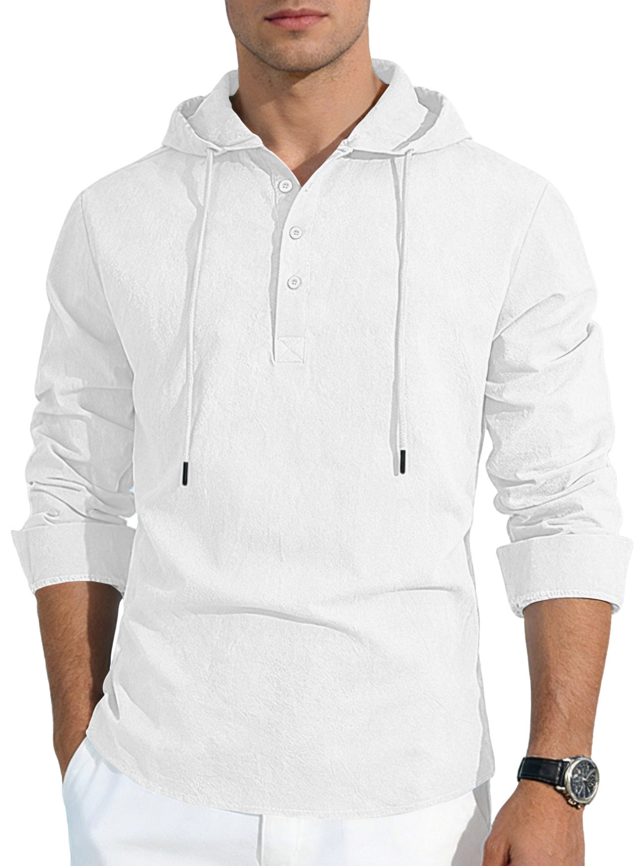 S-3XL Men's Hooded Buckle Long Sleeve Cotton Linen Shirt