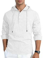 S-3XL Men's Hooded Buckle Long Sleeve Cotton Linen Shirt