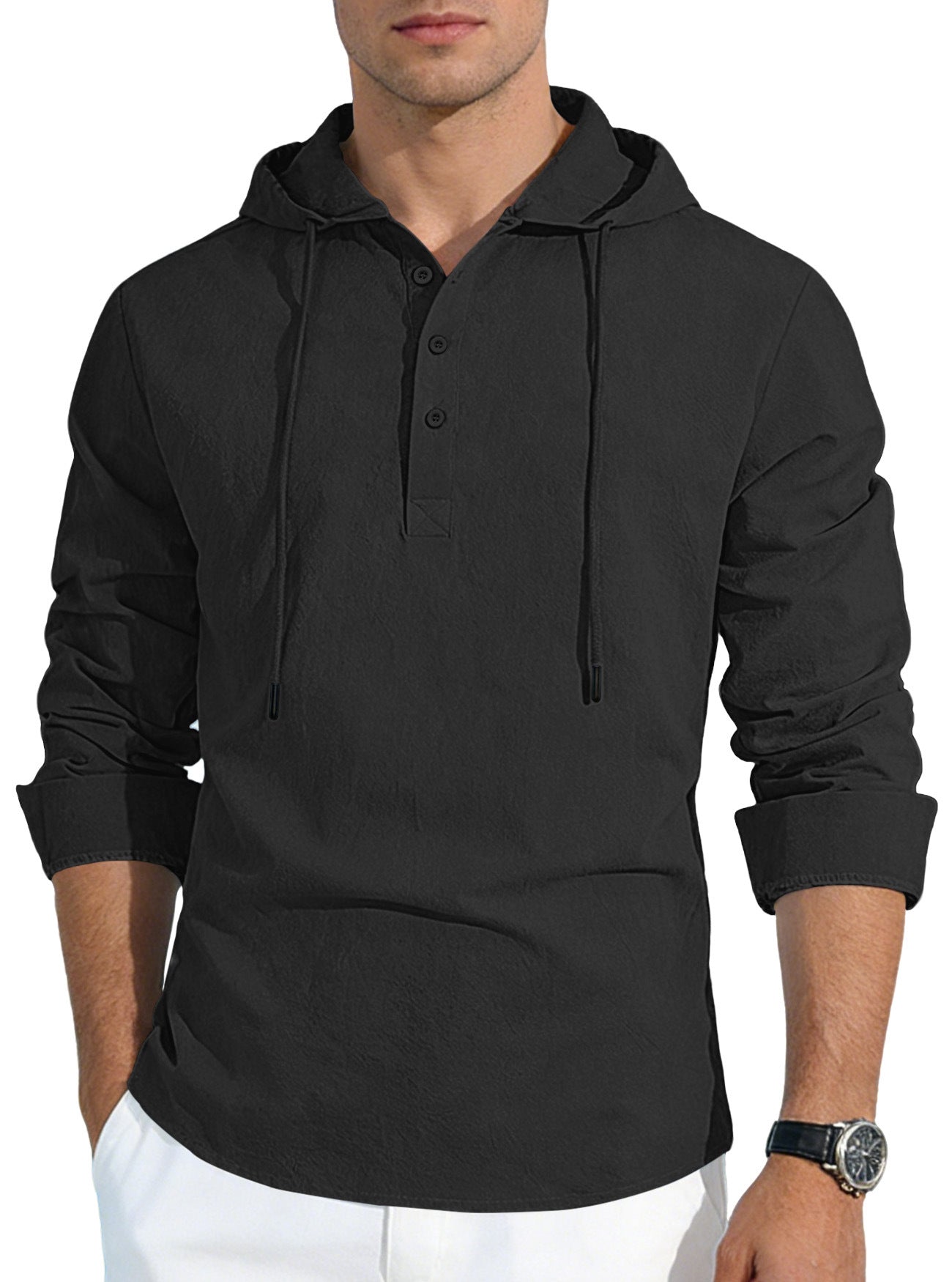 S-3XL Men's Hooded Buckle Long Sleeve Cotton Linen Shirt