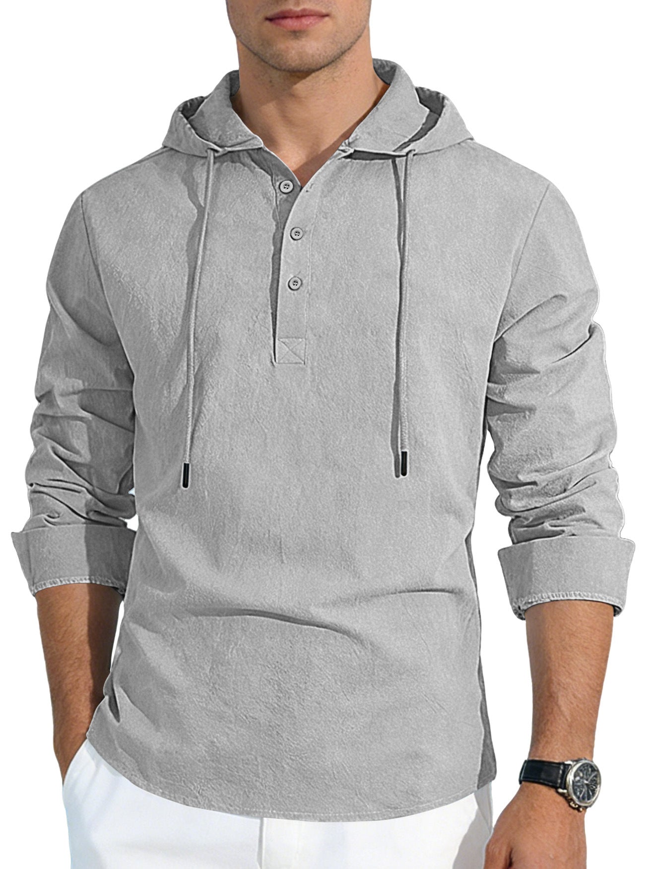 S-3XL Men's Hooded Buckle Long Sleeve Cotton Linen Shirt