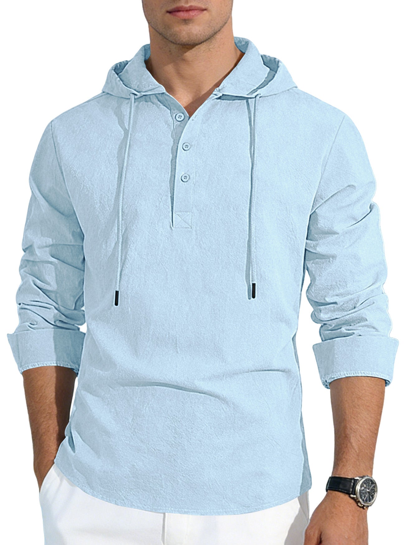 S-3XL Men's Hooded Buckle Long Sleeve Cotton Linen Shirt