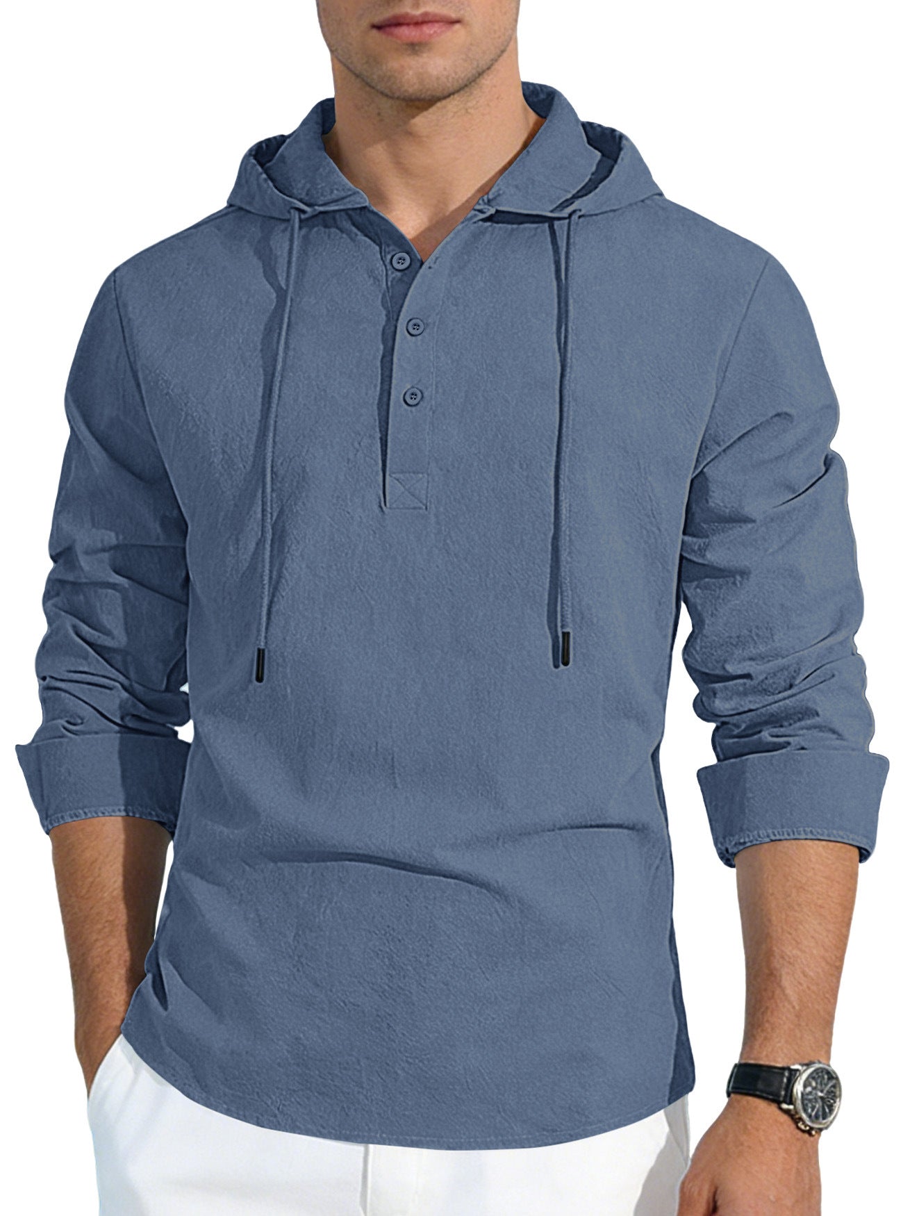 S-3XL Men's Hooded Buckle Long Sleeve Cotton Linen Shirt