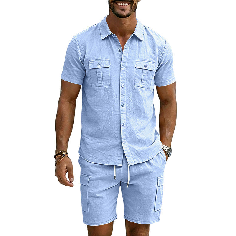 S-3XL Solid Color Lapel Shirt Multi-pocket Short Sleeve Shorts Set