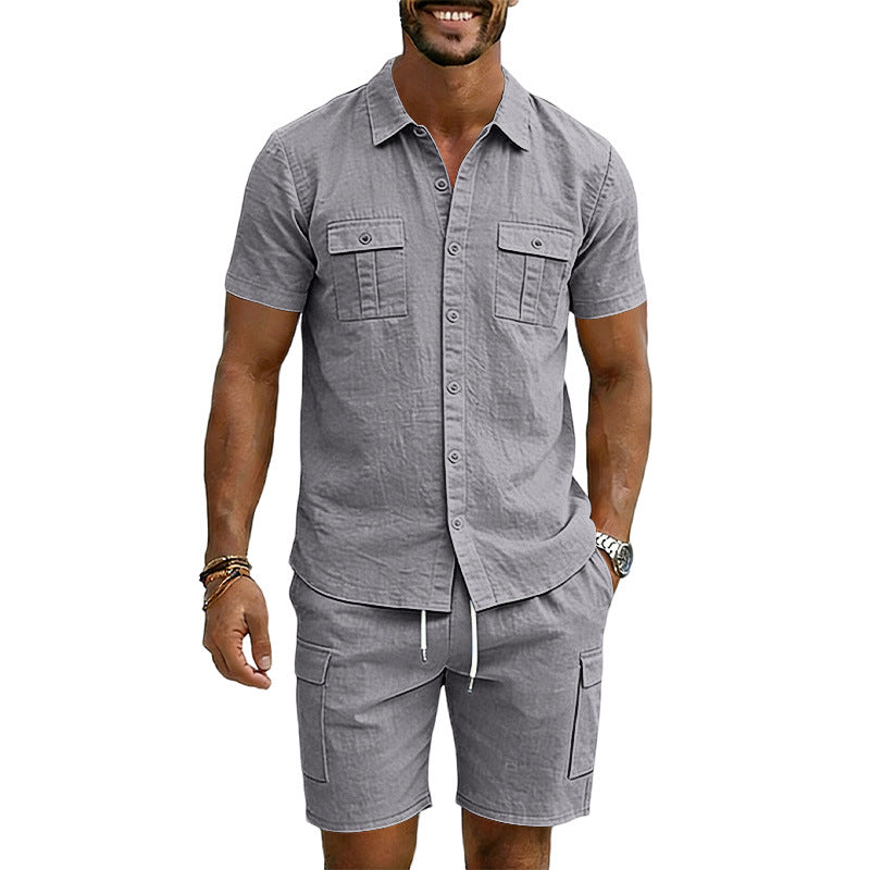 S-3XL Solid Color Lapel Shirt Multi-pocket Short Sleeve Shorts Set