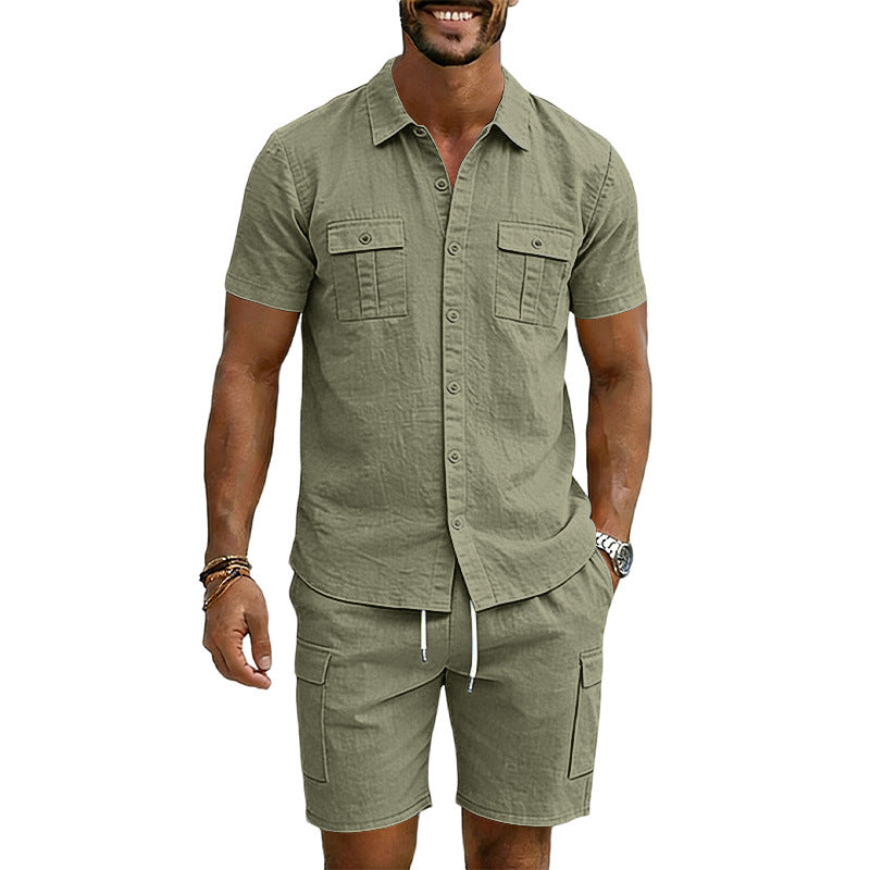 S-3XL Solid Color Lapel Shirt Multi-pocket Short Sleeve Shorts Set