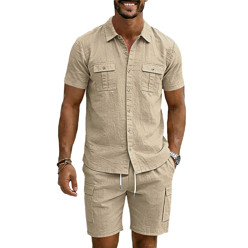 S-3XL Solid Color Lapel Shirt Multi-pocket Short Sleeve Shorts Set