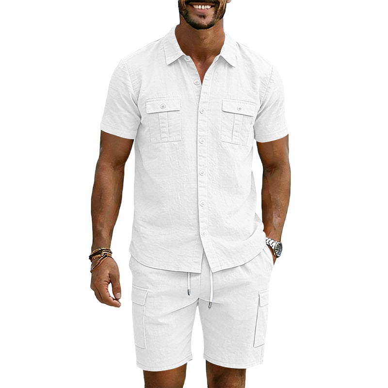 S-3XL Solid Color Lapel Shirt Multi-pocket Short Sleeve Shorts Set