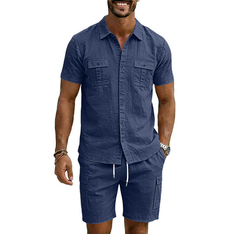 S-3XL Solid Color Lapel Shirt Multi-pocket Short Sleeve Shorts Set