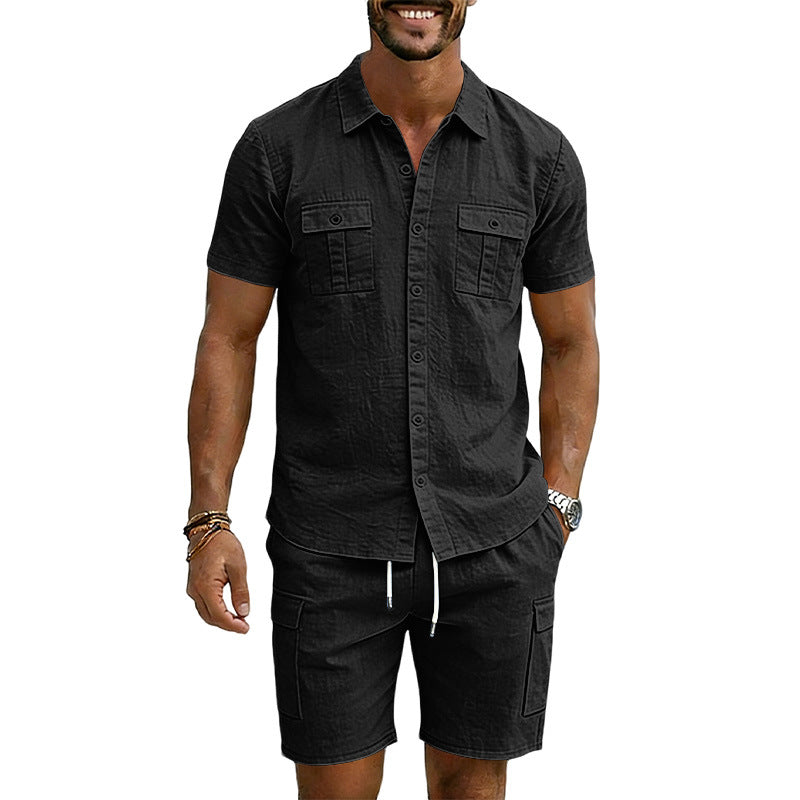 S-3XL Solid Color Lapel Shirt Multi-pocket Short Sleeve Shorts Set
