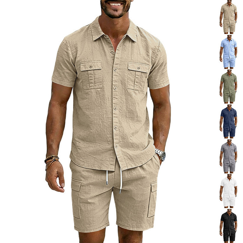 S-3XL Solid Color Lapel Shirt Multi-pocket Short Sleeve Shorts Set