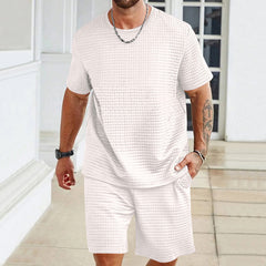 S-3XL Sports Suit Solid Color Plaid Texture Crewneck T-shirt Shorts 2-piece Set