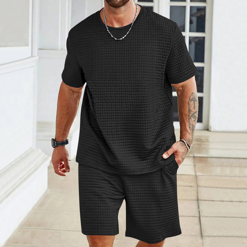 S-3XL Sports Suit Solid Color Plaid Texture Crewneck T-shirt Shorts 2-piece Set