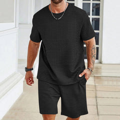S-3XL Sports Suit Solid Color Plaid Texture Crewneck T-shirt Shorts 2-piece Set