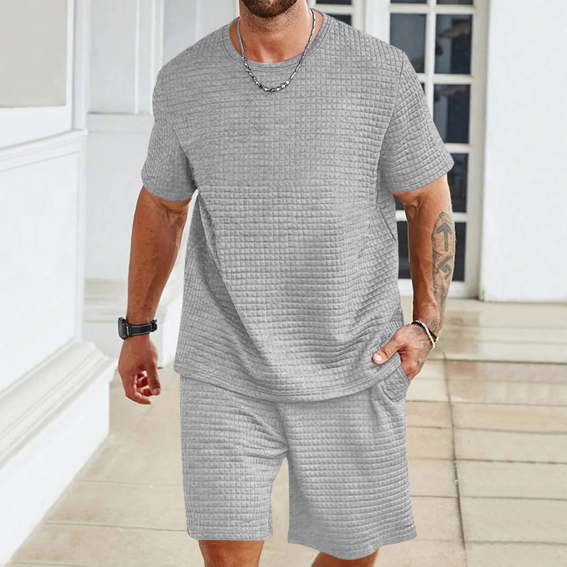 S-3XL Sports Suit Solid Color Plaid Texture Crewneck T-shirt Shorts 2-piece Set