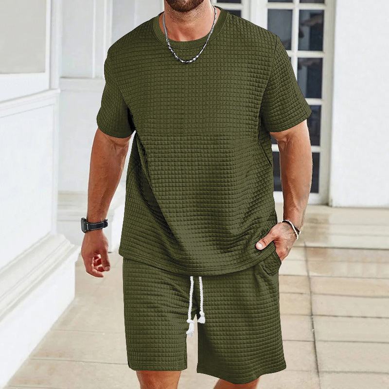 S-3XL Sports Suit Solid Color Plaid Texture Crewneck T-shirt Shorts 2-piece Set