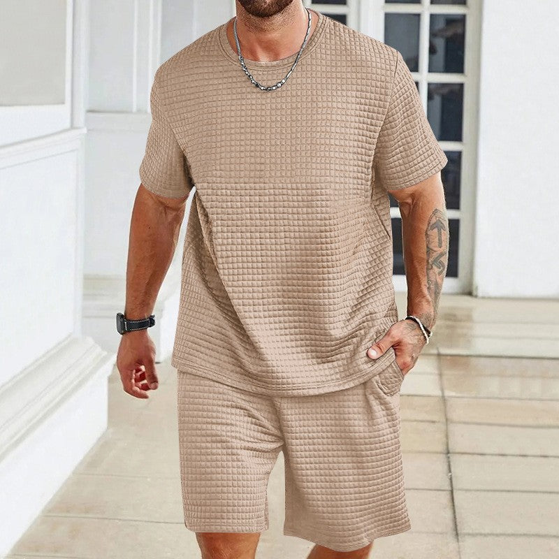 S-3XL Sports Suit Solid Color Plaid Texture Crewneck T-shirt Shorts 2-piece Set
