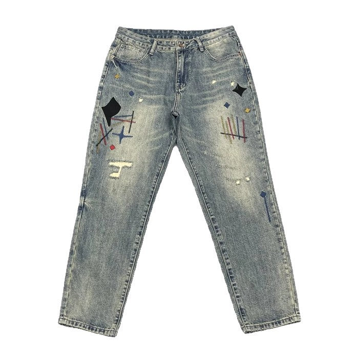 Washed Scraping Denim Patch Embroidered Printed Jeans