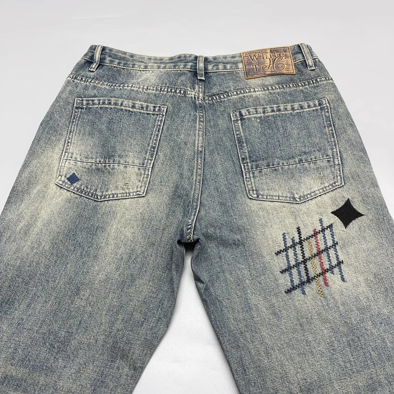 Washed Scraping Denim Patch Embroidered Printed Jeans