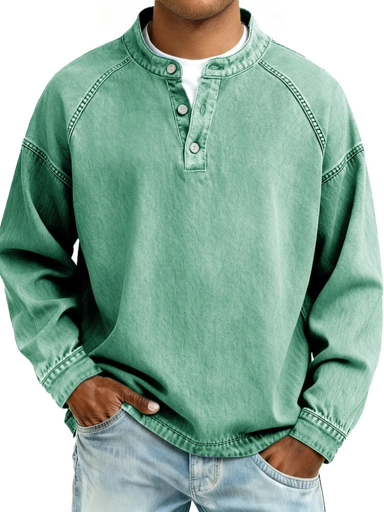 S-4XL Solid Color Old Washable Cotton Henley Collar Long Sleeve
