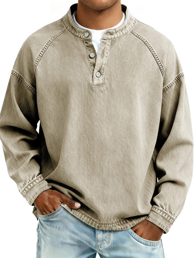 S-4XL Solid Color Old Washable Cotton Henley Collar Long Sleeve