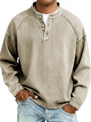 S-4XL Solid Color Old Washable Cotton Henley Collar Long Sleeve