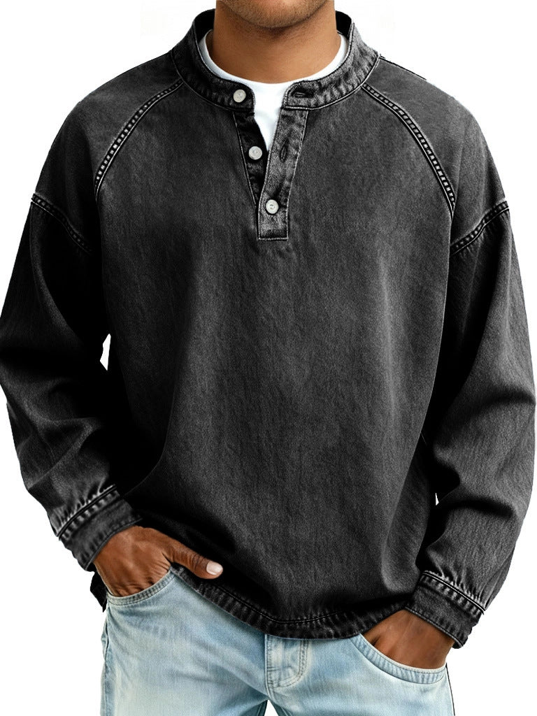 S-4XL Solid Color Old Washable Cotton Henley Collar Long Sleeve