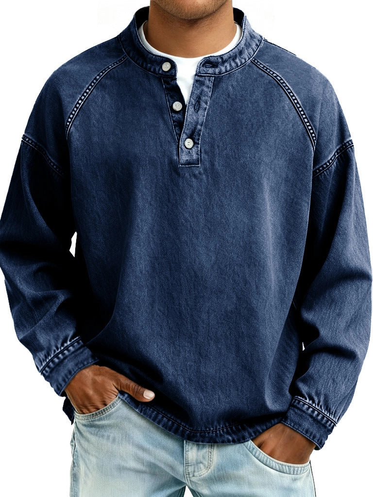 S-4XL Solid Color Old Washable Cotton Henley Collar Long Sleeve