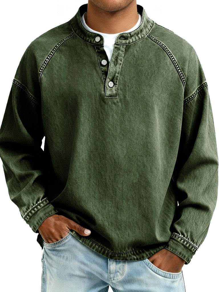 S-4XL Solid Color Old Washable Cotton Henley Collar Long Sleeve