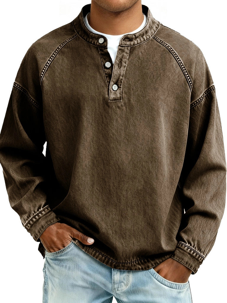 S-4XL Solid Color Old Washable Cotton Henley Collar Long Sleeve