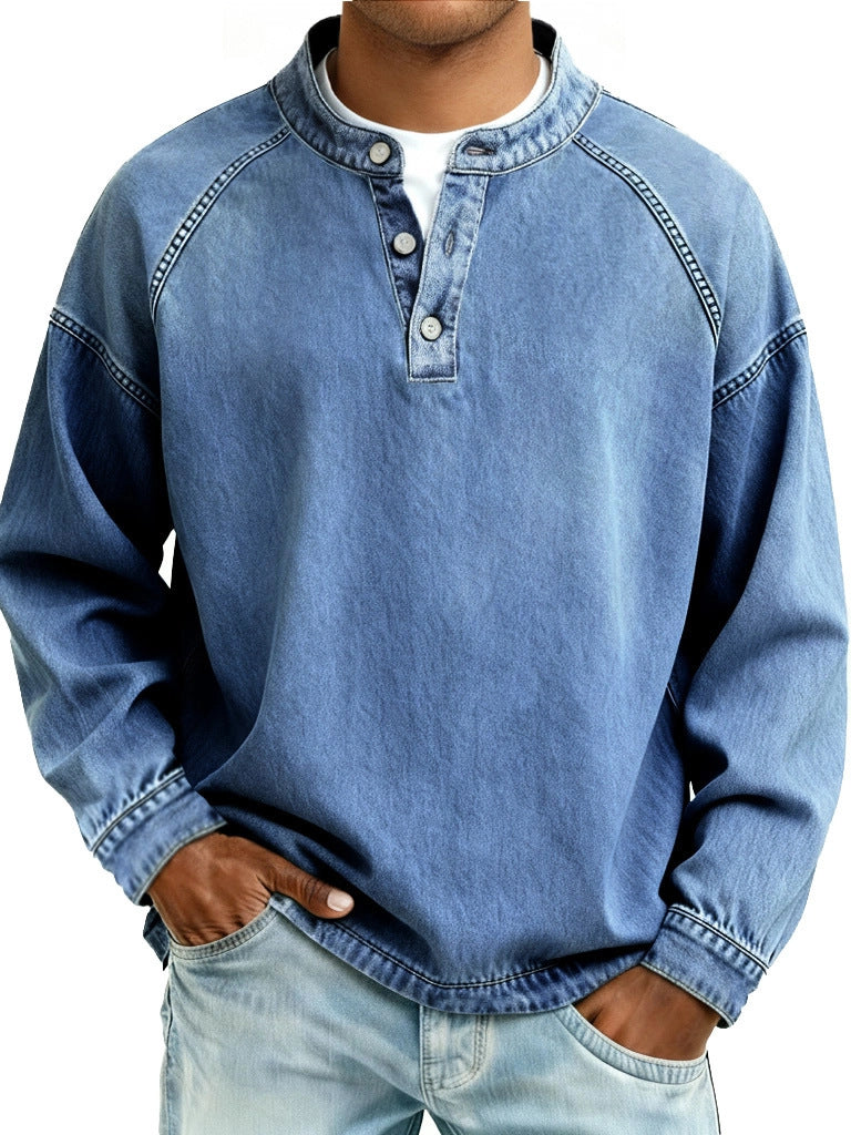 S-4XL Solid Color Old Washable Cotton Henley Collar Long Sleeve