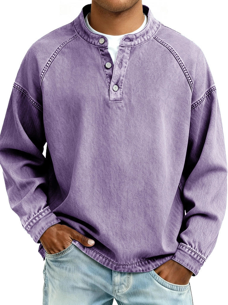 S-4XL Solid Color Old Washable Cotton Henley Collar Long Sleeve