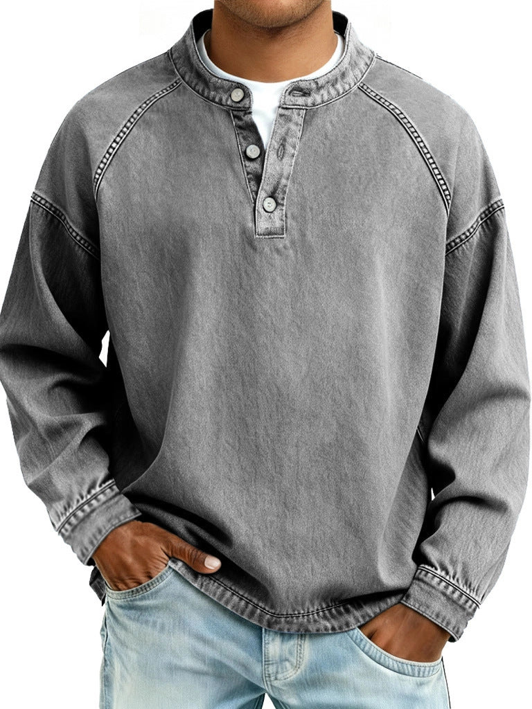 S-4XL Solid Color Old Washable Cotton Henley Collar Long Sleeve