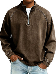 S-4XL Solid Color Half Zip Wash Pure Cotton Collar Sweater