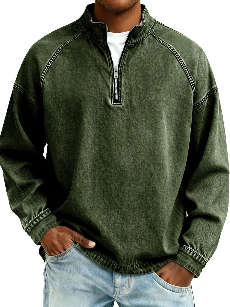 S-4XL Solid Color Half Zip Wash Pure Cotton Collar Sweater