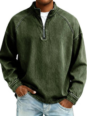 S-4XL Solid Color Half Zip Wash Pure Cotton Collar Sweater