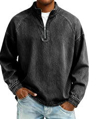 S-4XL Solid Color Half Zip Wash Pure Cotton Collar Sweater