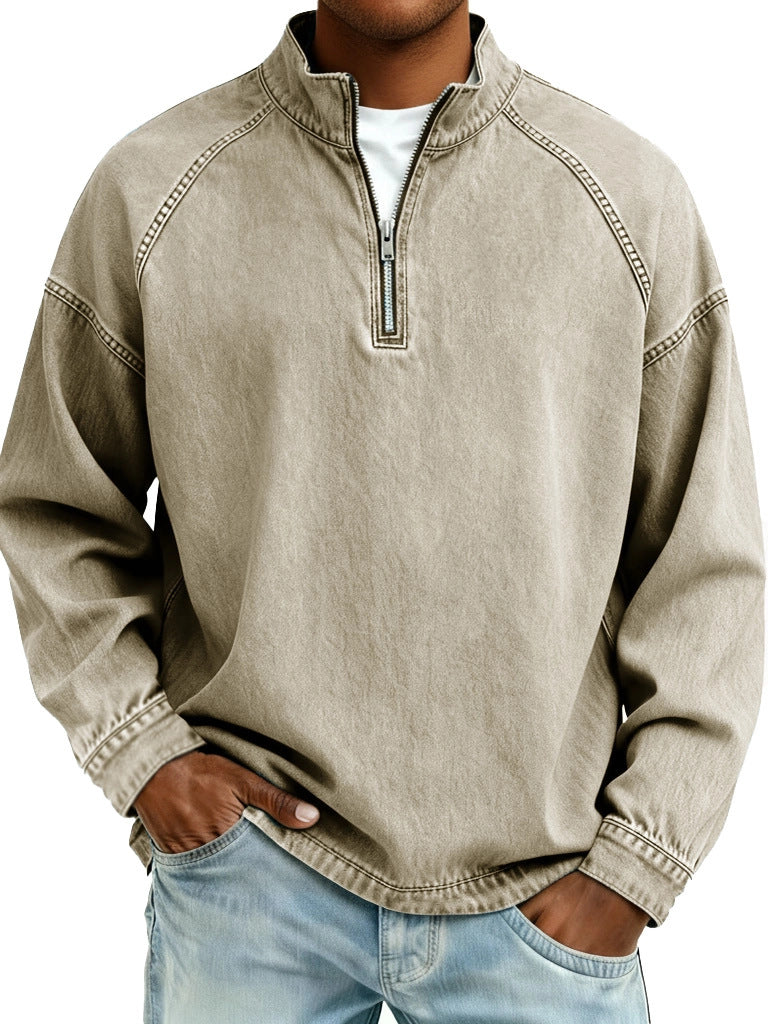 S-4XL Solid Color Half Zip Wash Pure Cotton Collar Sweater