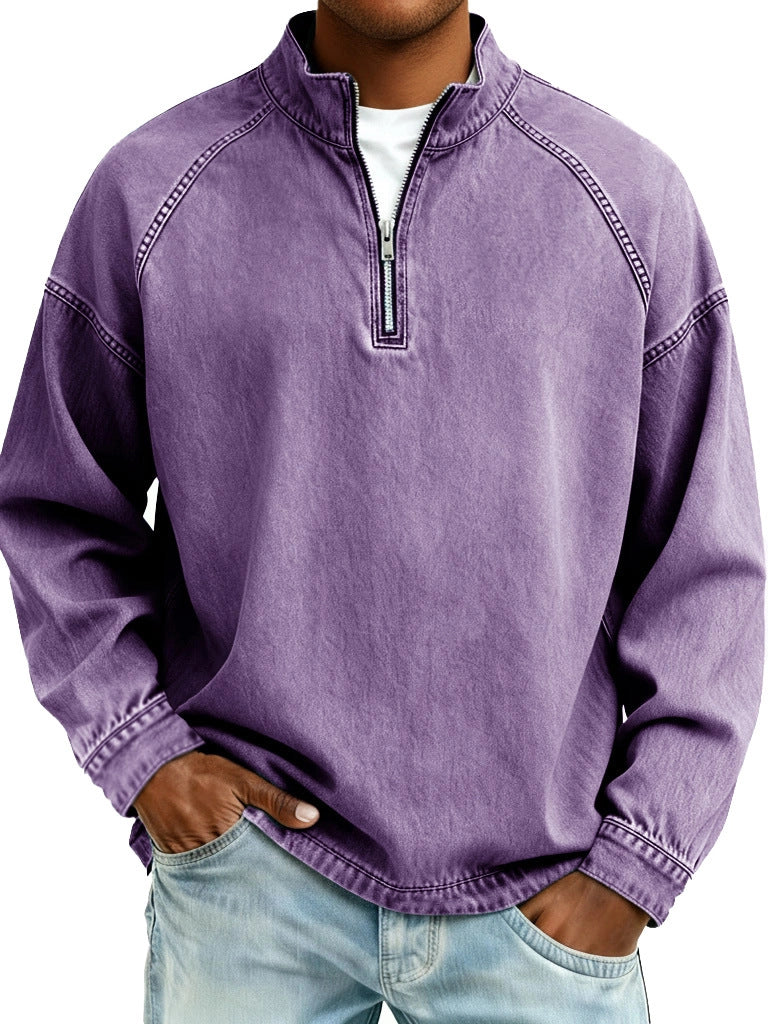 S-4XL Solid Color Half Zip Wash Pure Cotton Collar Sweater