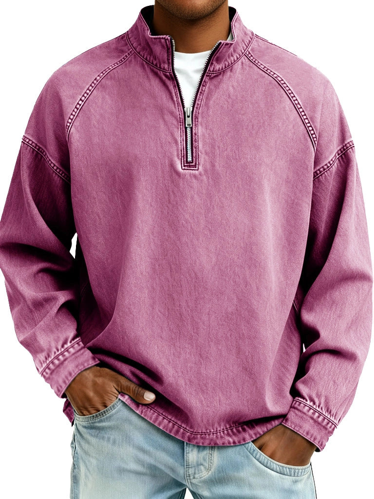 S-4XL Solid Color Half Zip Wash Pure Cotton Collar Sweater