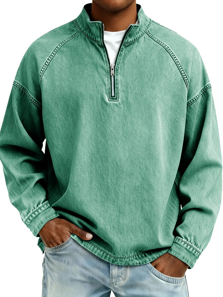 S-4XL Solid Color Half Zip Wash Pure Cotton Collar Sweater