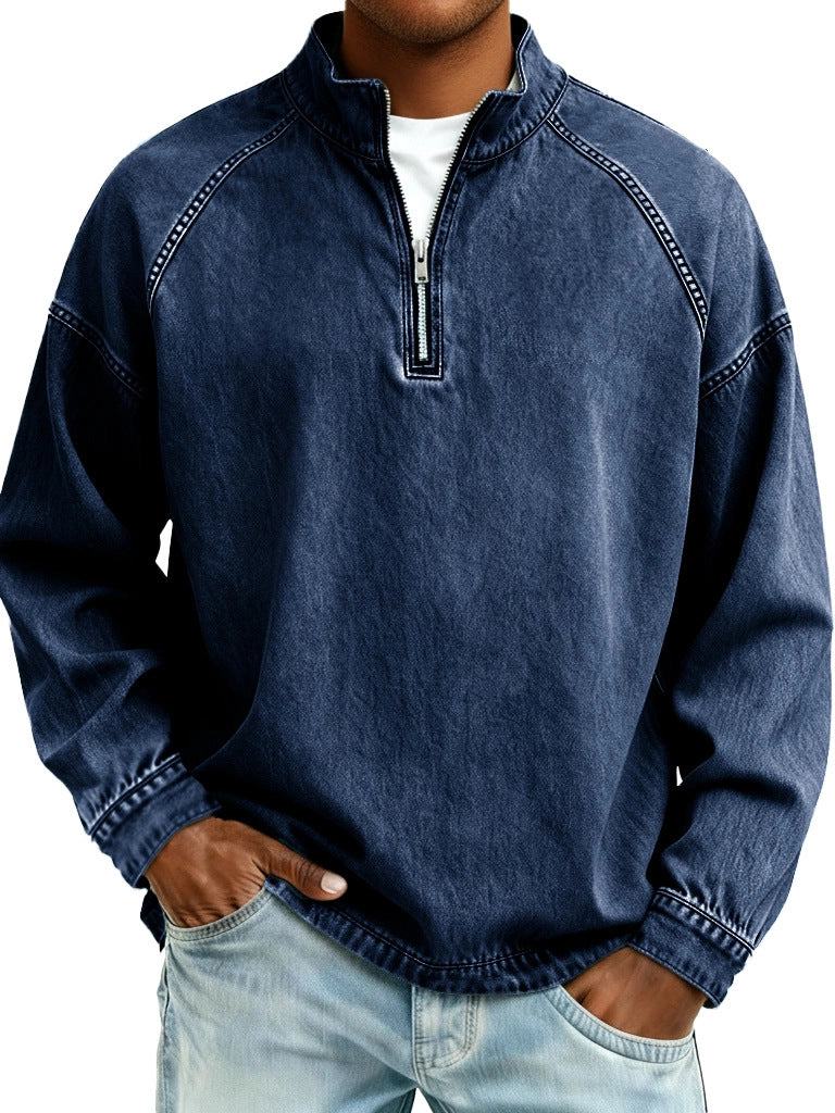 S-4XL Solid Color Half Zip Wash Pure Cotton Collar Sweater